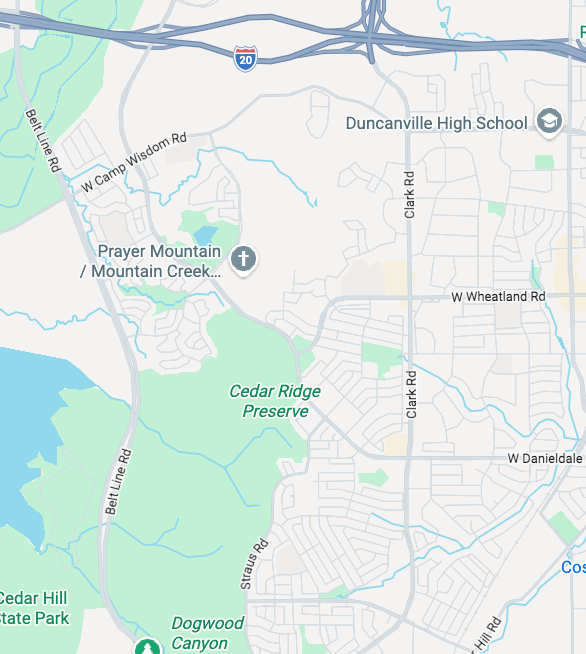 Map of the Dallas Detailz service area around Duncanville and Cedar Hill, showing I-20, Belt Line Rd, Cedar Ridge Preserve, and Cedar Hill State Park